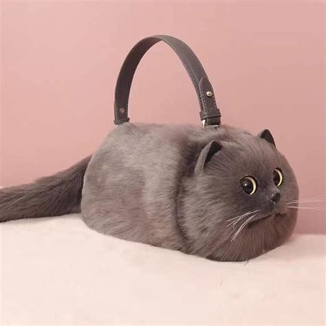 Realistic Grey Faux Fur Cat Bag 